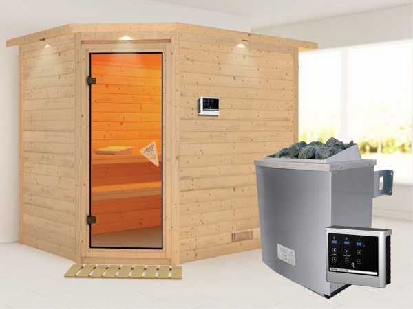 Massieve sauna Tanami met dakkraag, incl. 9 kW saunakachel ext. besturing