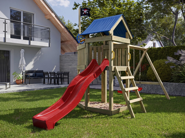 Speeltoren van geïmpregneerd hout "Pirat Captain Jolly" met dubbele schommel incl. rode glijbaan en