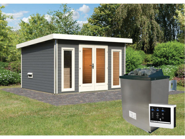 Saunahuis Mainburg 2 terragrijs 38 mm incl. klassieke saunakachel 9 kW + ext. besturing