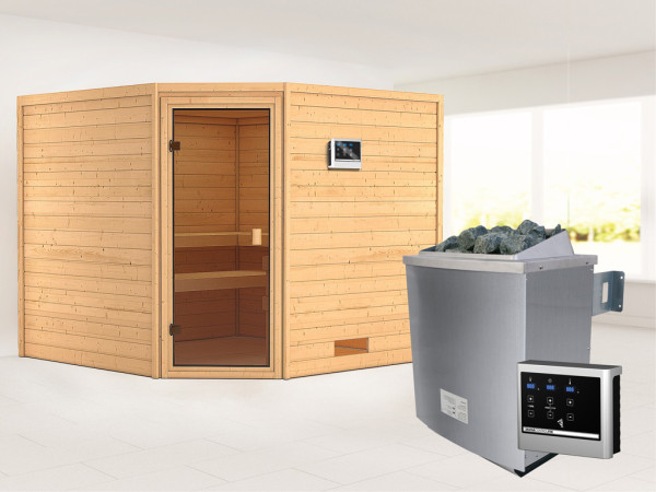 Massieve sauna Leona kompleet transparente gebronsde glazen deur+9kW saunakachel met ext. besturing