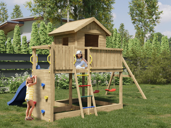 Speeltoren Galaxy L druk geïmpregneerd incl. dubbele schommel + glijbaan blauw