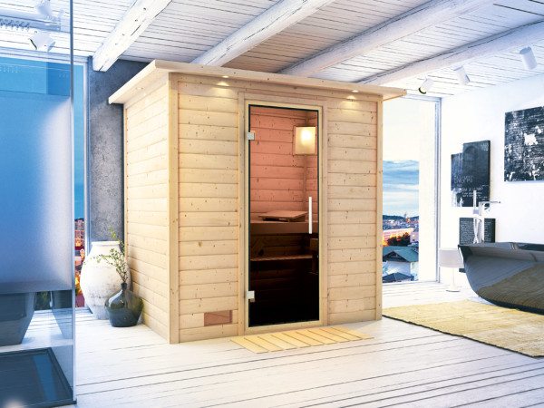 Massieve sauna Sonja met dakkraag, grafiet glazen deur