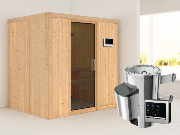 Systeemsauna Fanja grafiet glazen deur + Plug & Play saunakachel met ext. besturing