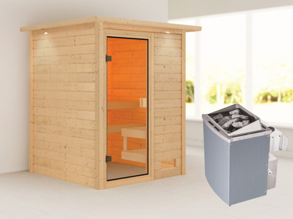 Massieve sauna Sandra met dakkraag, incl. 4,5 kW kachel met int. besturing