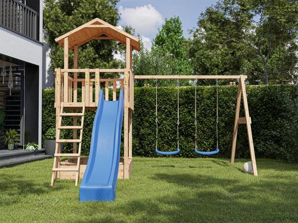 Tilly Premium speeltoren met dubbele schommel in lariks incl. blauwe glijbaan + blauwe zitjes