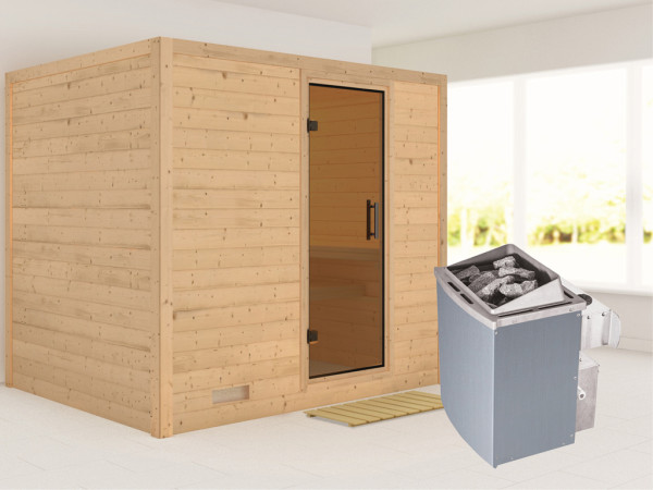 Massieve sauna Sonara grafiet glazen deur, incl. 9 kW saunakachel int. besturing