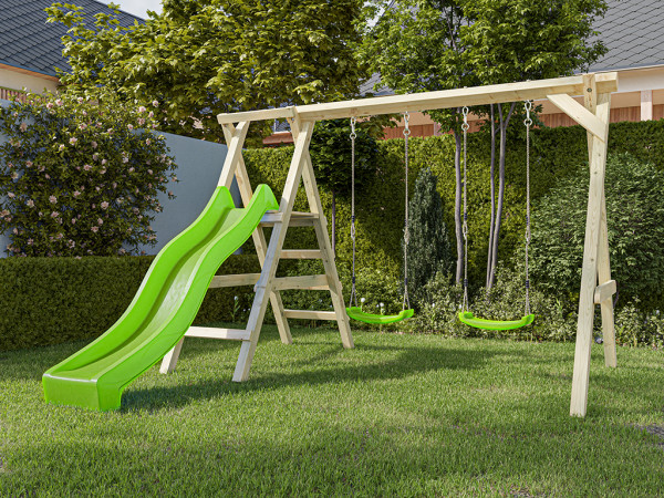 Dubbele schommel met platform Cosy Double KDI incl. glijbaan groen + 2 schommelzitjes groen