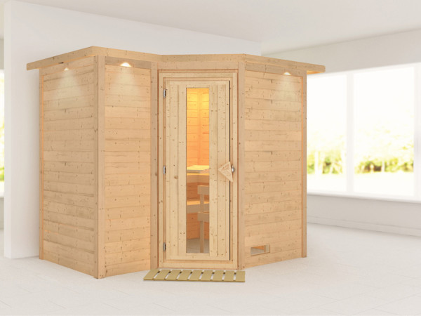 Massieve sauna Sahib 2 met dakkraag, houten deur met geïsoleerd glas