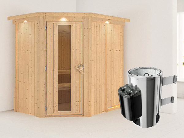 Systeemsauna Saja met dakkraag, energiebesparende deur + Plug & Play saunakachel met besturing