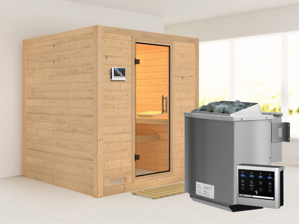 Massieve sauna Mojave transparent glazen deur + 9 kW Bio-Combi-kachel met ext.besturing