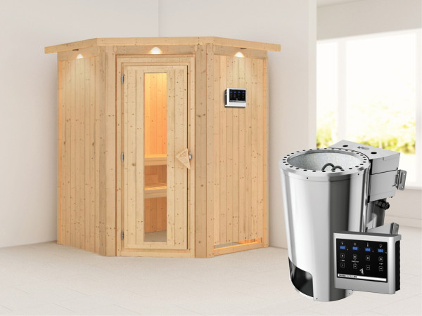 Systeemsauna Nanja met dakkraag, energiebesparende deur, Plug & Play Bio-kachel met ext. besturing