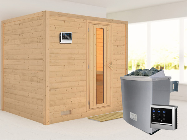 Massieve sauna Sonara houten deur met geïsoleerd glas, incl. 9 kW saunakachel ext. besturing