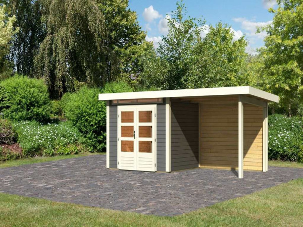 Tuinhuis SET Kandern 2 28 mm terra grijs, incl. 2,6 m aanbouwdak + achterwand