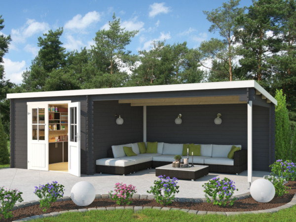 Blokhut St. Louis Exclusief 28 mm carbongrijs met 4 m aanbouw