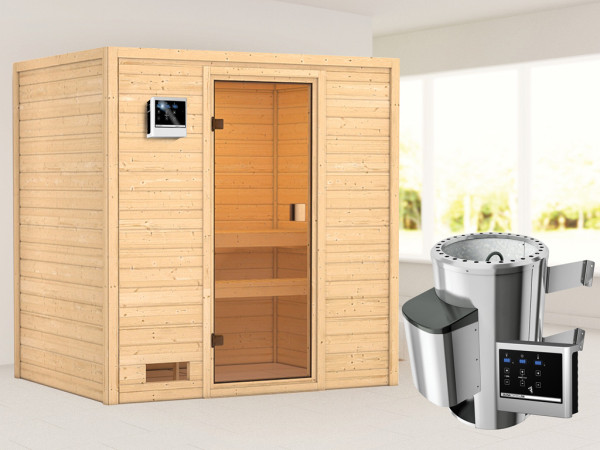 Sauna Selena met gebronsde glazen deur + 3,6 kW Plug & Play saunakachel ext. besturing