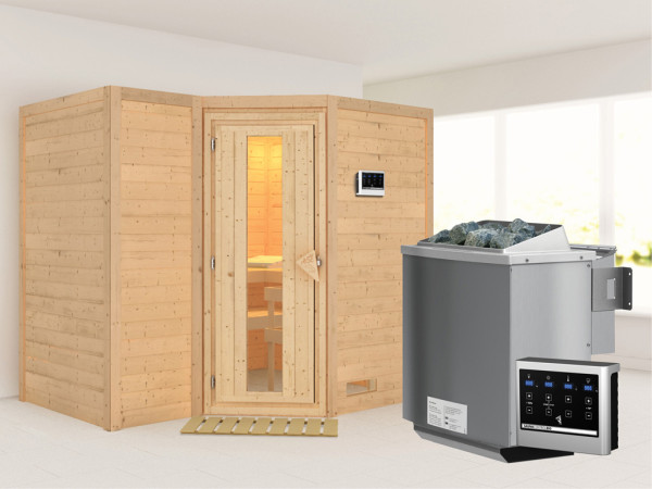 Massieve sauna Sahib 2 houten deur met geïsoleerd glas, incl. 9 kW Bio-kachel ext. besturing