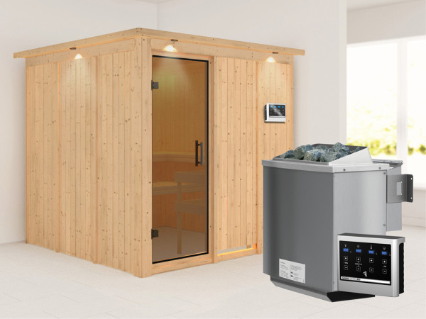 Systeemsauna Rodin met dakkraag, grafiet glazen deur, incl. 9 kW Bio-Combi-kachel ext. besturing