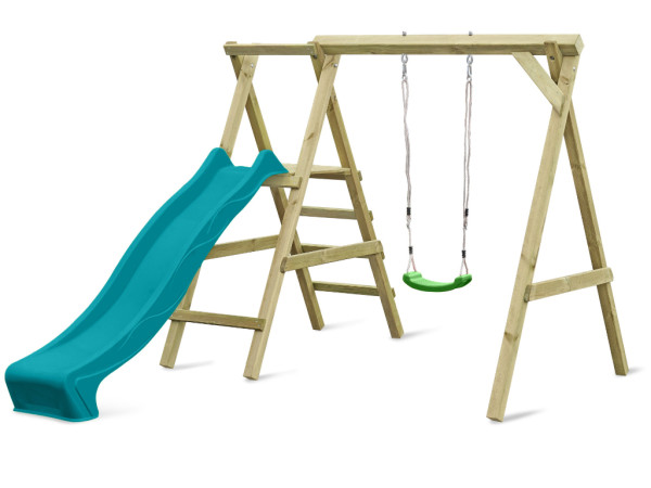Enkele schommel met platform Cosy Single KDI incl. glijbaan turquoise, schommelzitje groen
