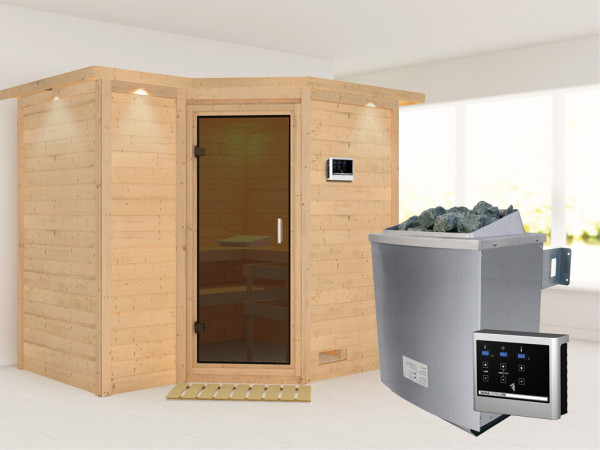 Massieve sauna Sahib 2 met dakkraag, grafiet glazen deur, incl. 9 kW saunakachel ext. besturing