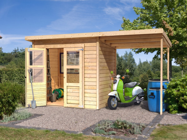 KA tuinhuis gereedschapshuisje Merseburg 3 incl. 166 cm aanbouwdak ECO 14 mm onbehandeld