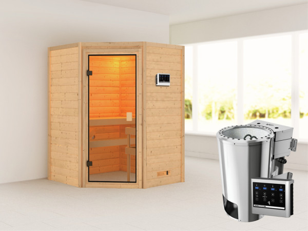 Sauna Antonia met gebronsde glazen deur + 3,6 kW Plug & Play Bio-kachel ext. besturing