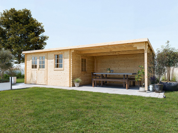 Tuinhuis blokhut CA2988 28 mm onbehandeld met 4 m aanbouw