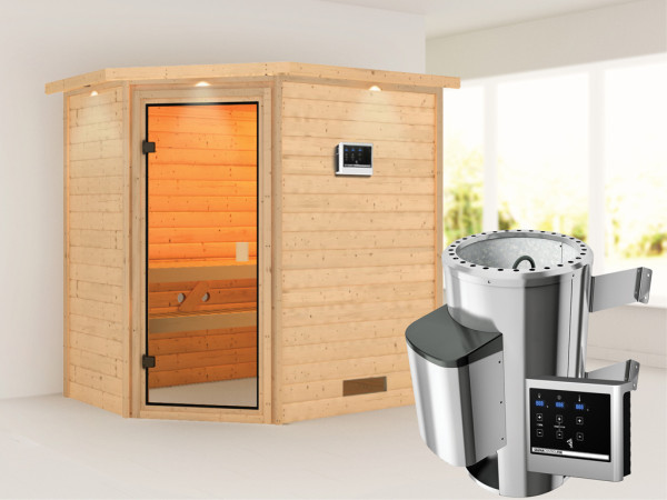 Sauna Jella met gebronsde glazen deur en dakkraag + 3,6 kW Plug & Play saunakachel ext. besturing