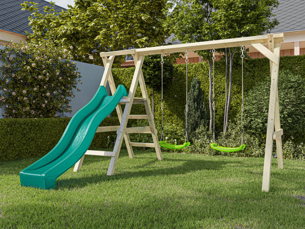 Dubbele schommel met platform Cosy Double KDI incl. glijbaan turquoise + 2 schommelzitjes groen