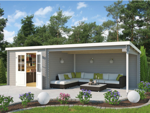 Blokhut St. Louis Exclusief 28 mm lichtgrijs met 4 m aanbouw