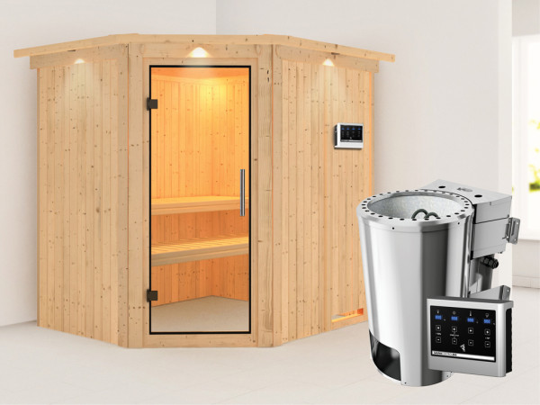 Systeemsauna Lilja met dakkraag, transparent glazen deur + Plug & Play Bio-kachel met ext. besturing