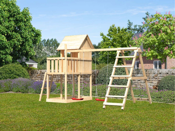 Speeltoren Frieda naturel incl. dubbele schommel + klimrek + nethelling