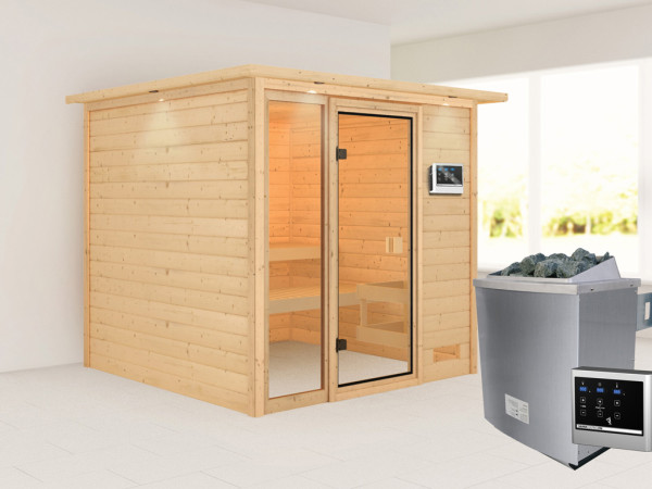 Sauna Jutta met gebronsde glazen deur en dakkraag + 9 kW saunakachel ext. besturing