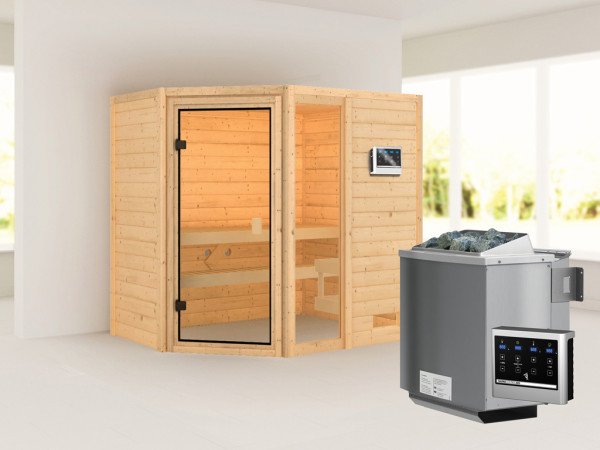 Sauna Jada met gebronsde glazen deur + 9 kW Bio-Combi-kachel ext. besturing