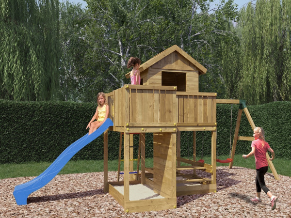 De afbeelding toont een huis op palen inclusief glijbaan - beschikbaar als optie.