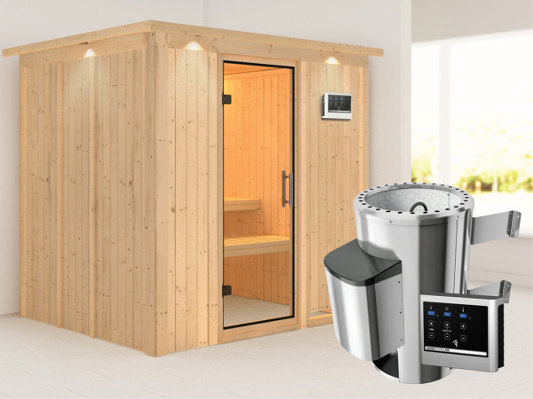 Systeemsauna Daria met dakkraag, transparent glazen deur + Plug & Play saunakachel met ext.besturing