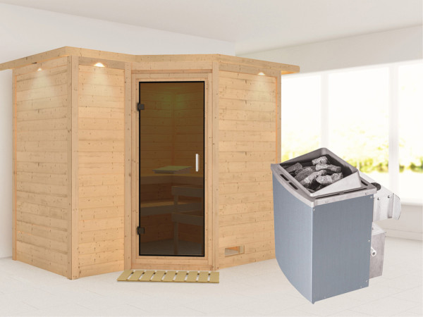 Massieve sauna Sahib 2 met dakkraag, grafiet glazen deur, incl. 9 kW saunakachel int. besturing
