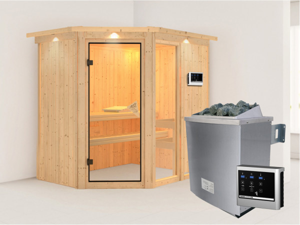 Systeemsauna Fiona 1 met dakkraag, incl. 9 kW saunakachel ext. besturing