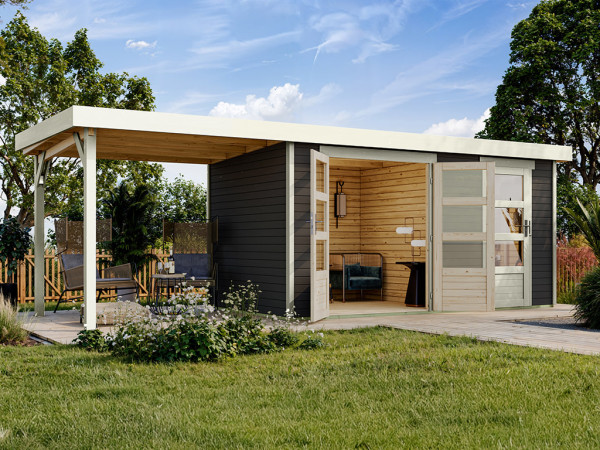 Tuinhuis Zweiraumhaus Nordhorn 19 mm terragrijs incl. 2,4 m aanbouwdak