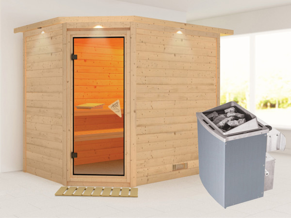Massieve sauna Tanami met dakkraag , incl. 9 kW saunakachel int. besturing
