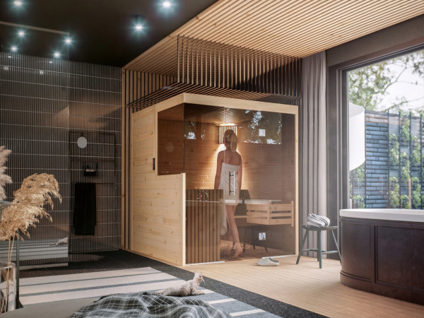 Binnensauna massieve sauna Nova grafiet volledig glazen deur
