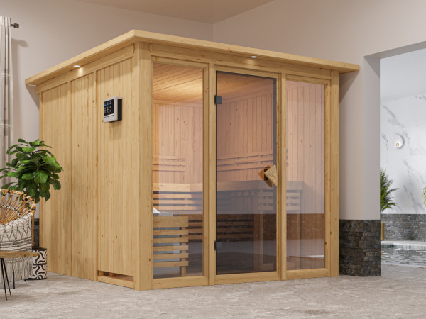 Saunasysteem sauna Sari met dakkrans complete set met BIO 9 kW combikachel met externe regelunit