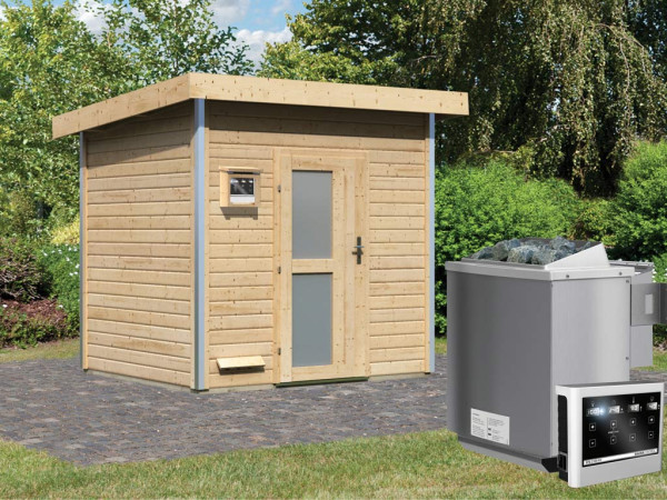 Saunahuis Norge met matglazen deur, incl. 9 kW Bio-Combi-kachel met ext. besturing