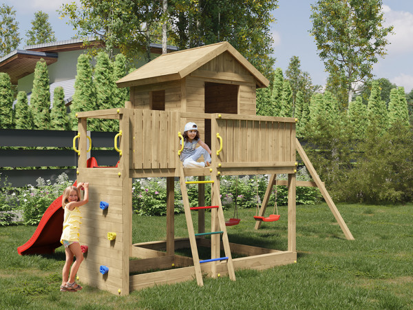 Speeltoren Galaxy L druk geïmpregneerd incl. dubbele schommel + glijbaan rood