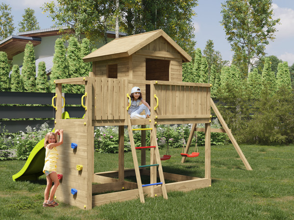 Speeltoren Galaxy L druk geïmpregneerd incl. dubbele schommel + glijbaan geel