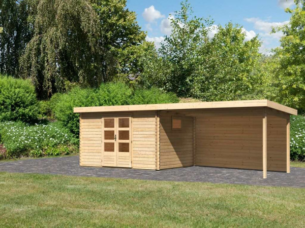 berging blokhut SET Trittau 5 38 mm natuurlijke afwerking, incl. 4 m aanbouwdak achterwand