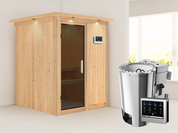 Systeemsauna Minja met dakkraag, grafiet glazen deur + Plug & Play Bio-kachel met ext. besturing