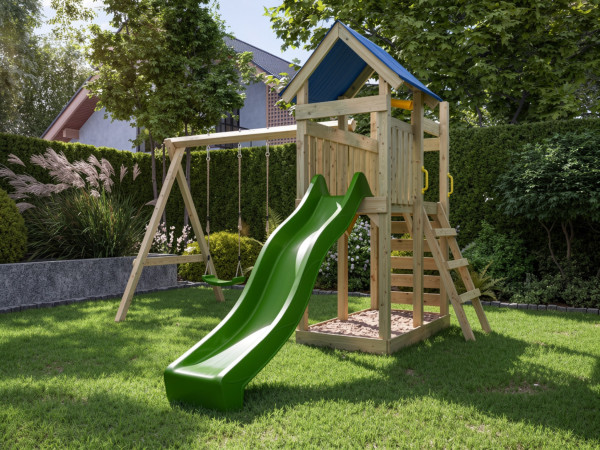Geïmpregneerde houten speeltoren Speedy incl. dubbele schommel incl. groene glijbaan + groene schomm