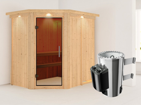 Systeemsauna Saja met dakkraag, grafiet glazen deur + Plug & Play saunakachel met besturing