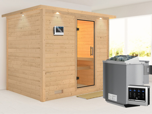 Massieve sauna Sonara met dakkraag, transparent glazen deur+9kW Bio-Combi-kachel met ext. besturing