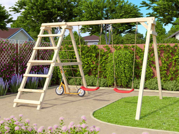 Dubbele schommel Felix naturel, met klimrek en nethelling